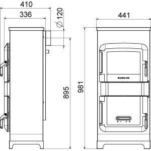 Technische Zeichnung Wamsler Werkstattofen RH 8F Lavendel mit Maßen.