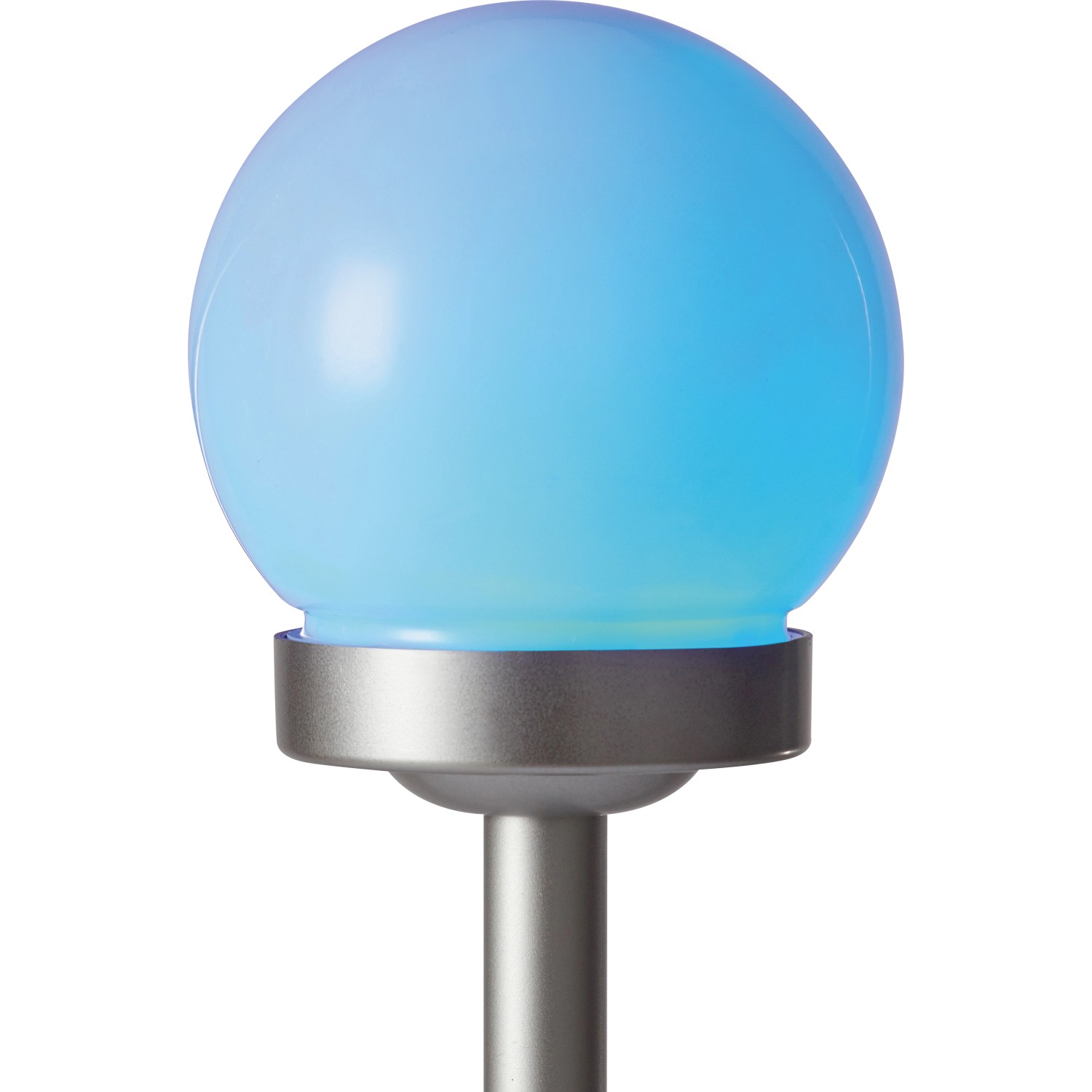 Solar-Dekokugel mit Erdspieß, weiß-silber, mit blauem Licht. Gartenleuchte für stimmungsvolle Akzente.