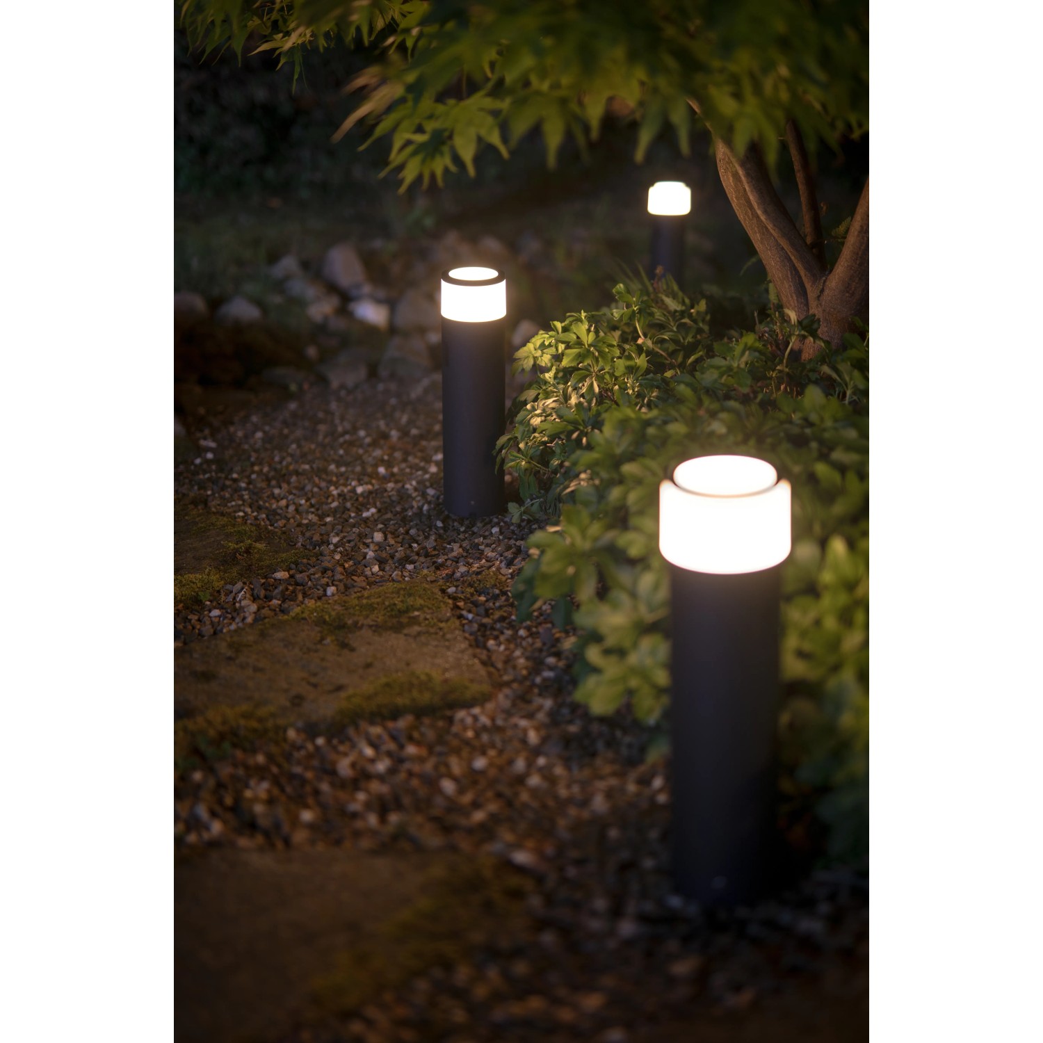 Philips Hue Calla LED Sockelleuchten im Garten, Erweiterung für smarte Außenbeleuchtung.