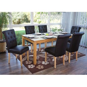 6er-Set MCW Polsterstühle Chesterfield in Coffee mit hellen Beinen am Esstisch.