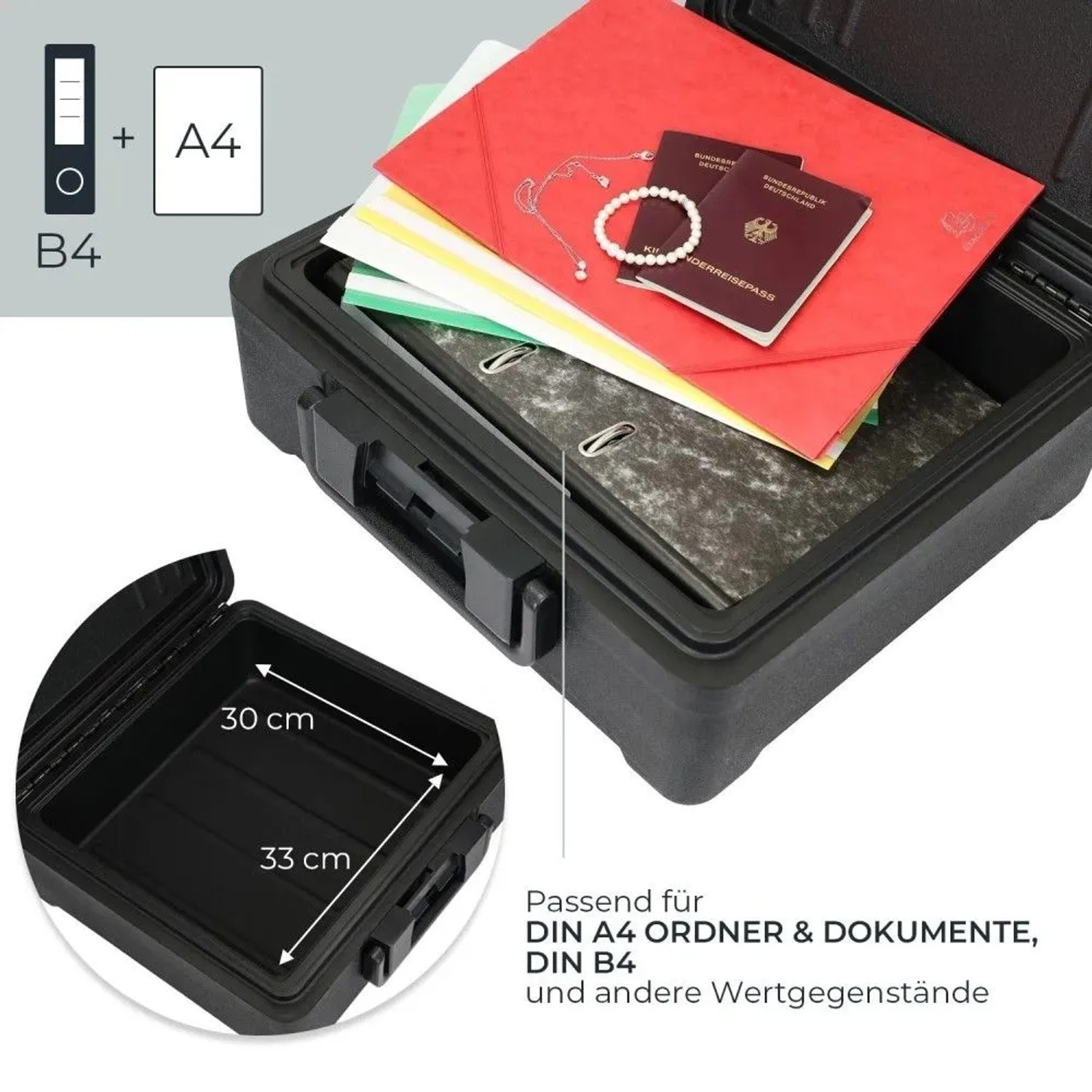 HMF Feuerfeste Dokumentenbox, schwarz, offen mit A4-Ordnern, Pässen, Schmuck. Wasserdichter Tresor für Wertgegenstände.