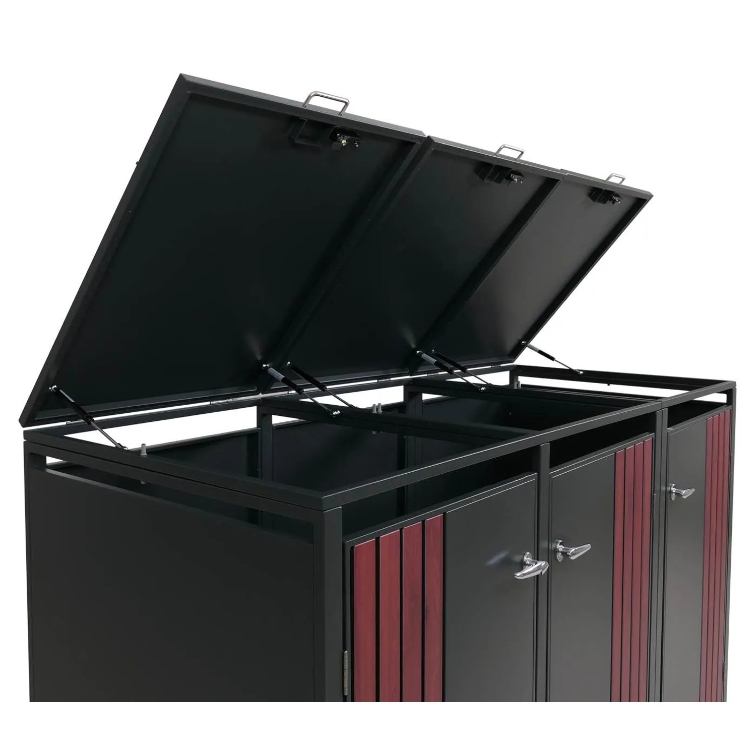 Proregal 3er-Mülltonnenbox Anthrazit mit dunkler Holzoptik, Deckel offen, aus verzinktem Stahl.
