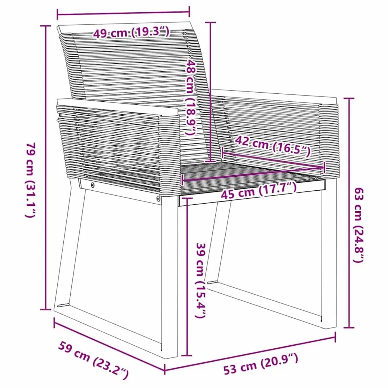 Skizze eines schwarzen Gartenstuhls aus Stahl und Poly Rattan mit Maßangaben für Gartenmöbel.