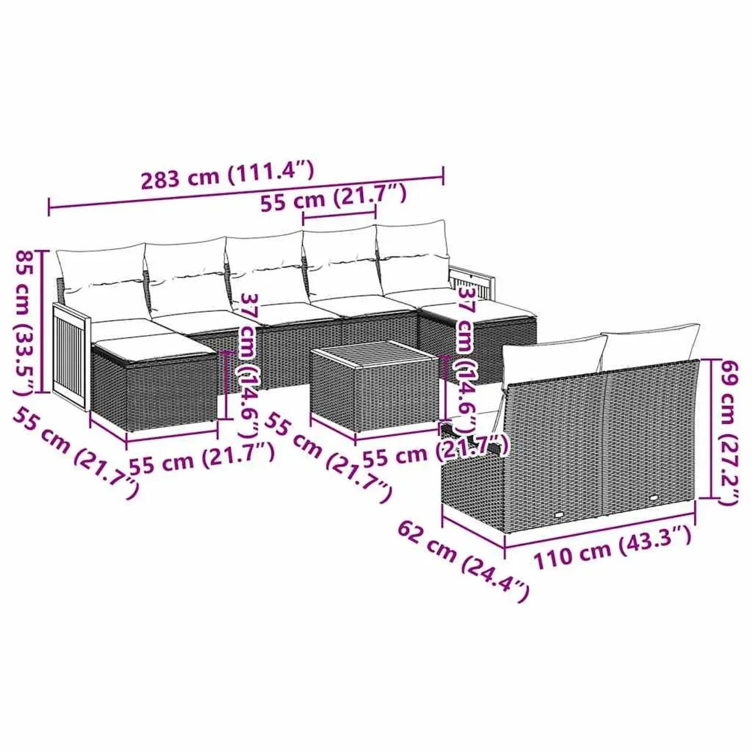 vidaXL Garten-Sofagarnitur, 10-teilig, schwarz, Poly Rattan, mit Maßen der Einzelteile.