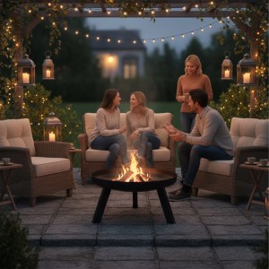 Schwarze Stahl-Feuerschale mit brennendem Holz auf einer Terrasse, umgeben von Freunden und Familie am Abend.