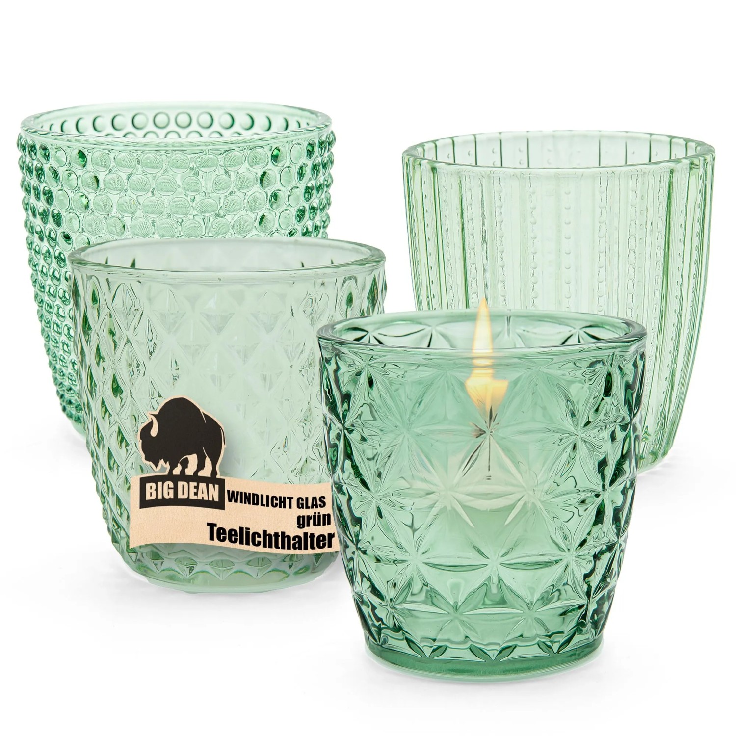 BigDean Windlicht Glas Grün Teelichthalter 4er Set Teelichthalter In 4 Designs Windlicht Glas grün Teelichthalter 4er Set Teelichthalter in 4 Designs