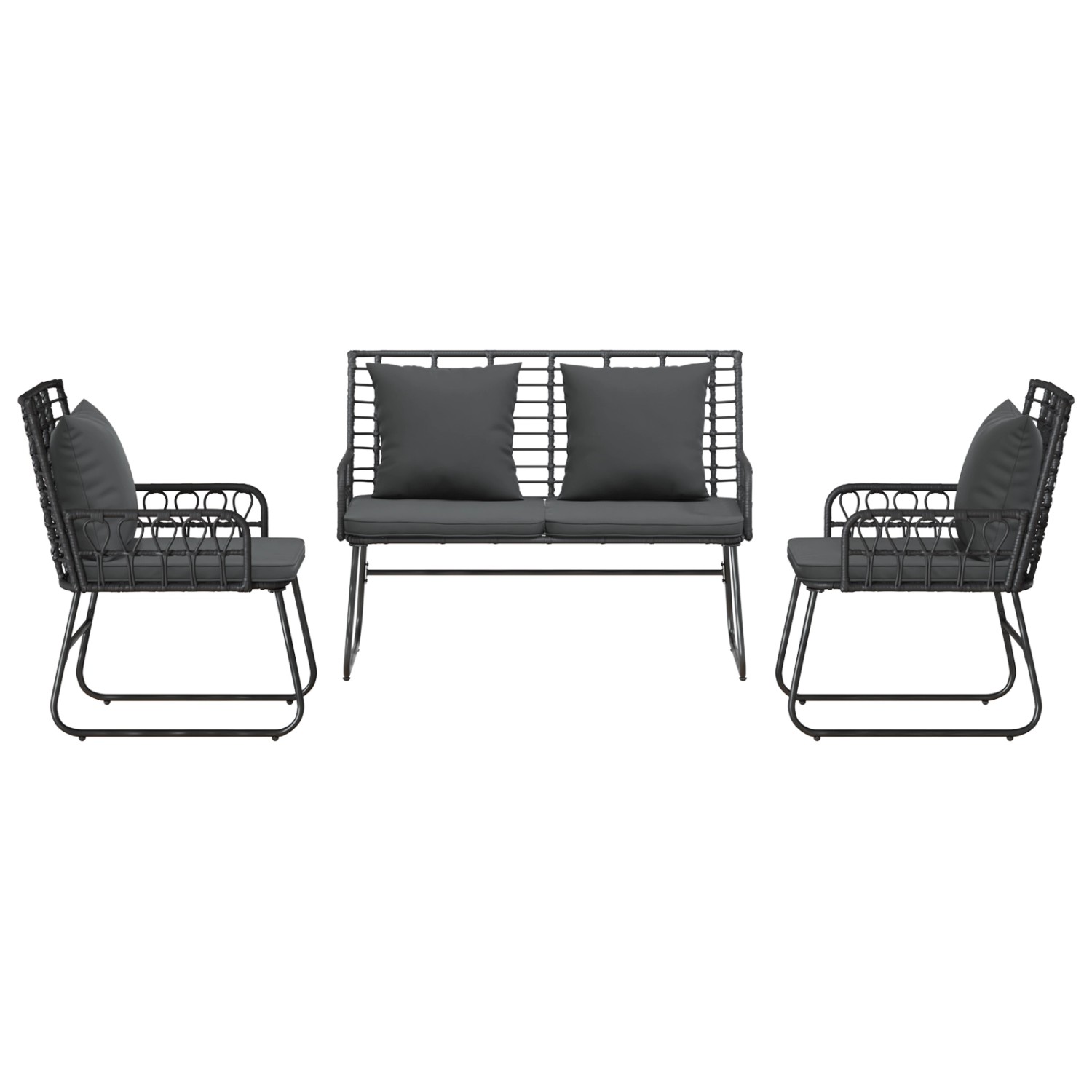 vidaXL Garten Essgruppe, 3-tlg., schwarz/anthrazit, Poly Rattan/Stahl. Gartenmöbel-Set mit Bank und 2 Stühlen.