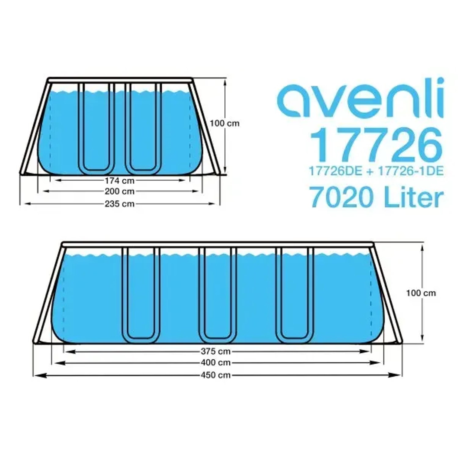 Skizze: Avenli Frame Rechteckpool, 400x200x100 cm, Stahlrahmen, Maße und Füllmenge.