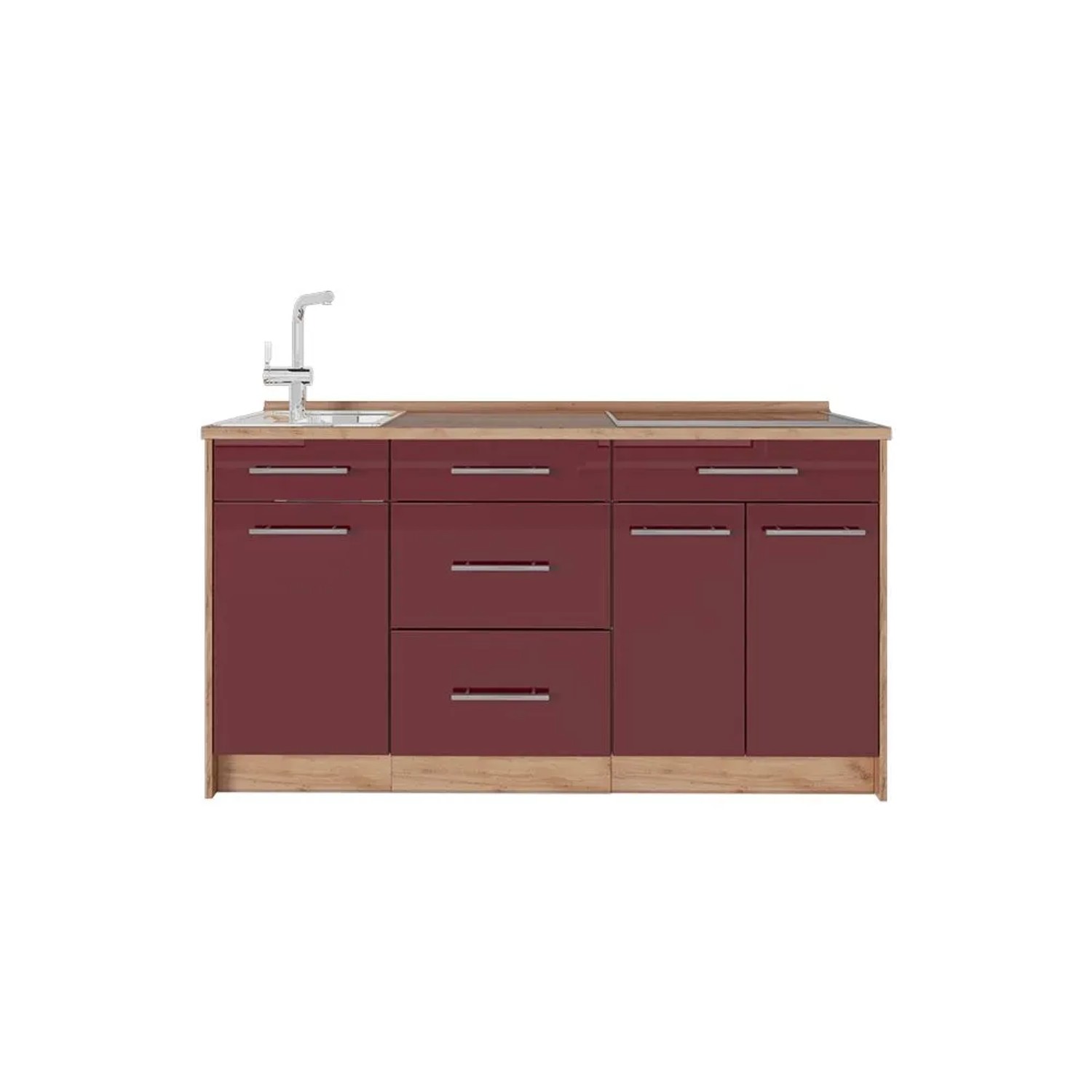 Vicco Küchenblock Fame-Line Bordeaux Hochglanz 150 x 82 AP Eiche Art Nr 65428