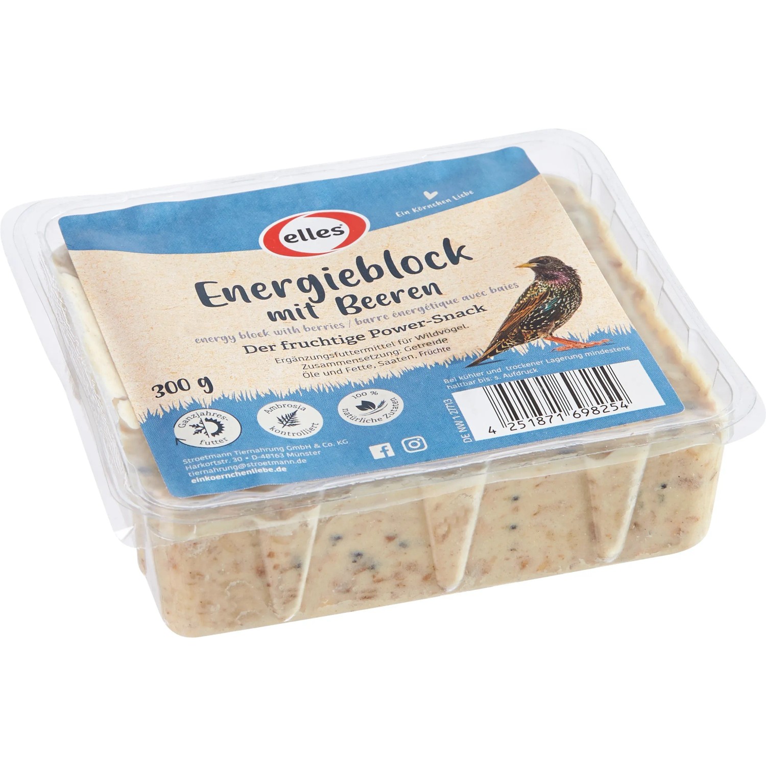 Elles Energieblock mit Beeren, 300g, Wildvogel-Ergänzungsfutter im transparenten Behälter.