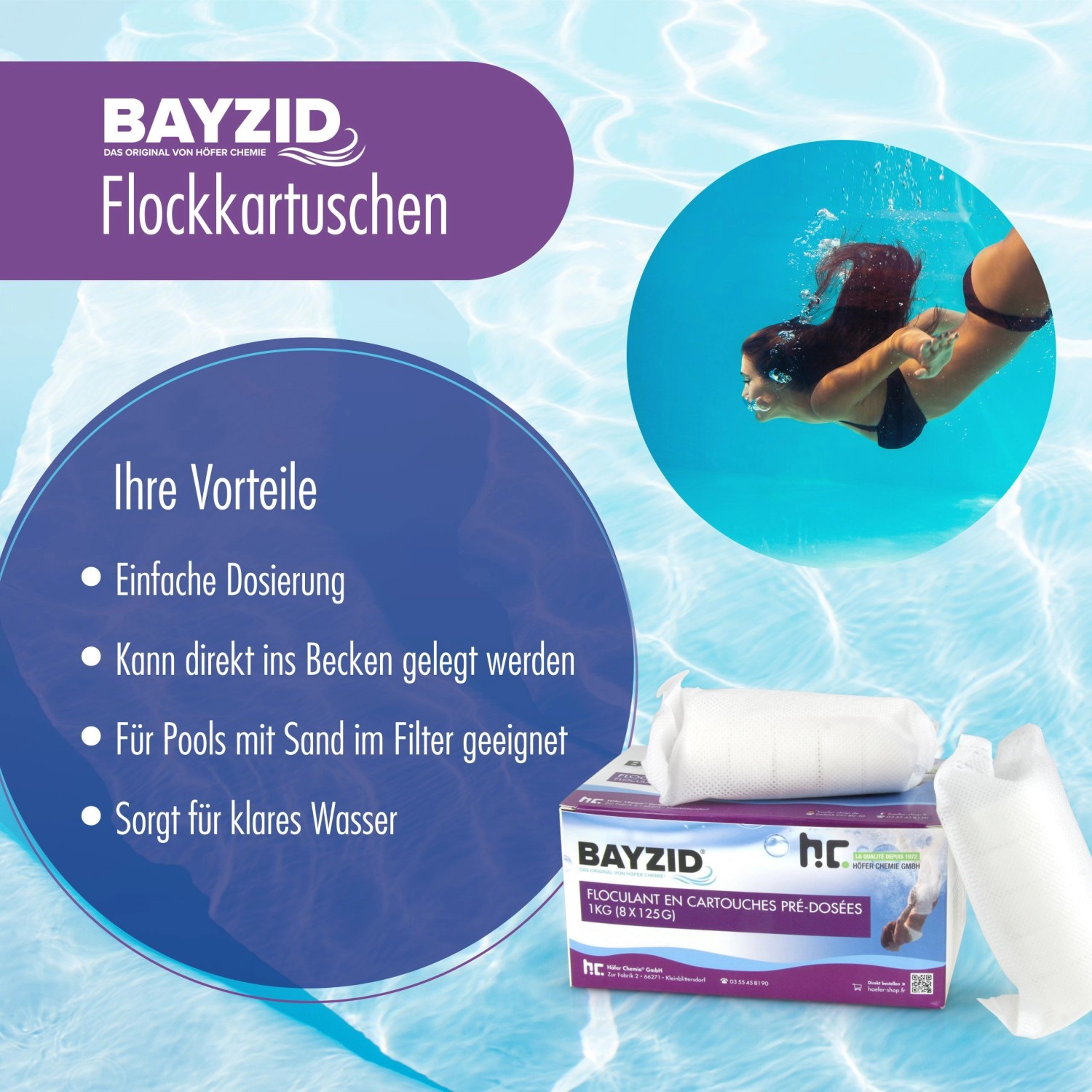 Bayzid Flockkartuschen 8x1kg für Pools mit Sandfilter: Kartusche und Frau beim Schwimmen im Pool.