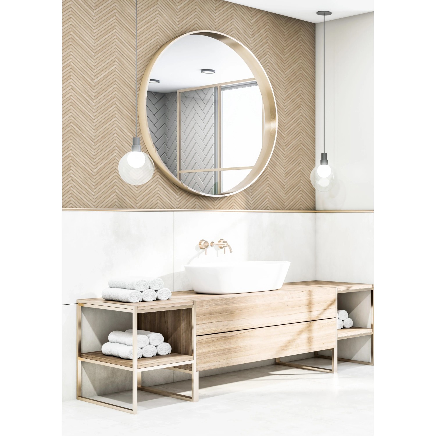 Beige Vliestapete mit Fischgrätmuster in Holzoptik von Marburg im modernen Badezimmer.