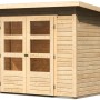Unbehandeltes Karibu Holz-Gartenhaus Sitten mit Pultdach und Doppeltür mit Fenstern.