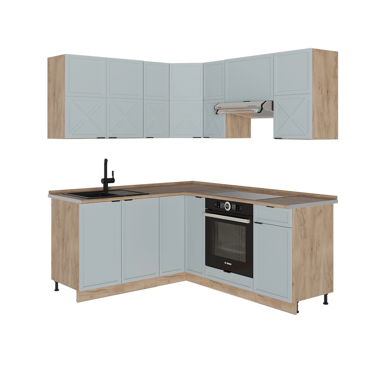 Vicco Fame-Line Eckküche Hellblau-grau/Goldkraft Eiche 160 x 190 cm AP Eich günstig online kaufen