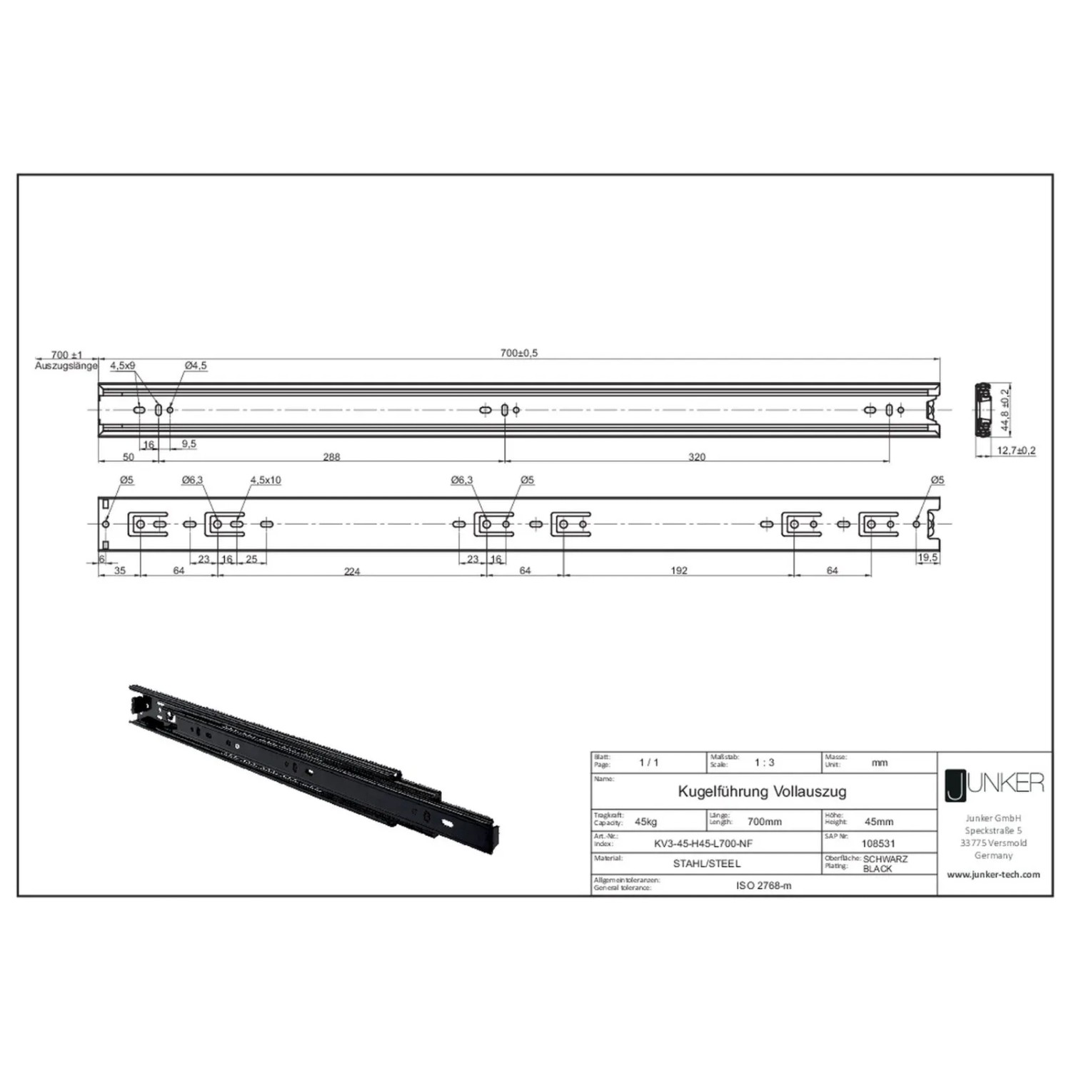 SOTECH Vollauszug 700mm, 45kg, schwarz, technische Zeichnung und Produktansicht.