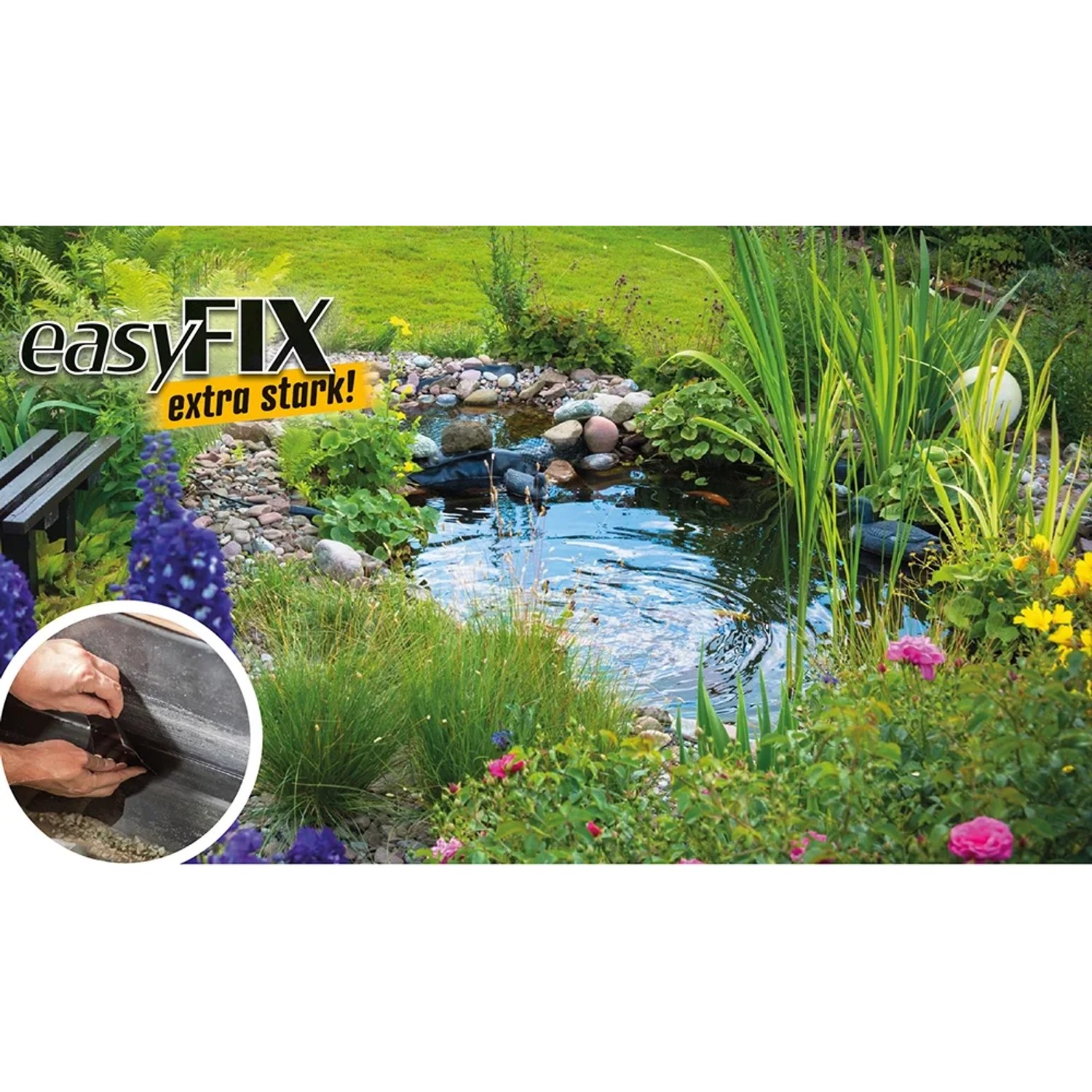 Anwendung des schwarzen easyFix Reparatur-Klebebands am Teich. Starkes Klebeband für Teichfolien.