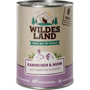 Wildes Land Katzen-Nassfutter Kaninchen & Huhn, 400g Dose. Katzenfutter mit hohem Fleischanteil.