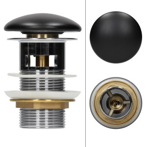 ML-Design Ablaufgarnitur für Waschbecken mit schwarzem Keramikdeckel und Überlauf.