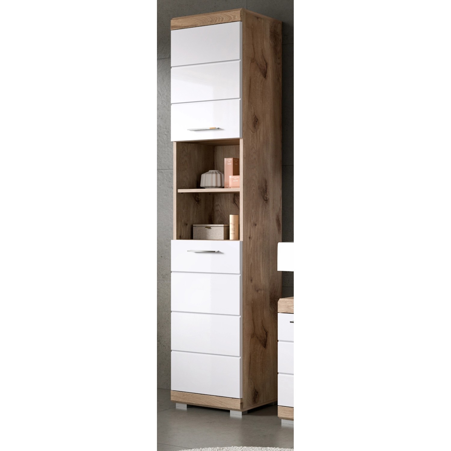 Inn.Furn Badezimmer Hochschrank in Weiß Hochglanz und Eiche 37 x 191 cm Wil günstig online kaufen