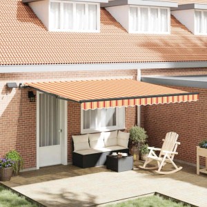 Ausgezogene, gelb-orange vidaXL Markise (400x300 cm) am Haus. Sonnenschutz für Terrasse oder Balkon.
