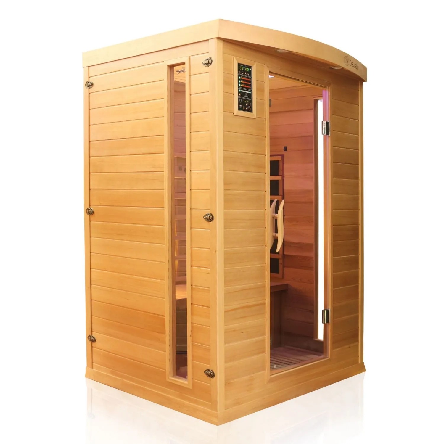 Dewello Infrarotkabine Pierson Pro für 2 Personen aus Hemlock und Zeder mit Glasfront.