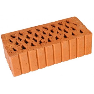 Poroton ThermoBlock® Kleinformat Mauerstein, rotbraun, mit Löchern für Wärmedämmung.