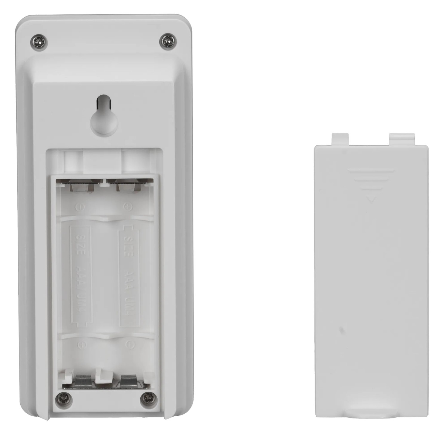 Rückseite der Kienzle Funk-Wetterstation Slim (schwarz) mit offenem Batteriefach und separatem Batteriedeckel.
