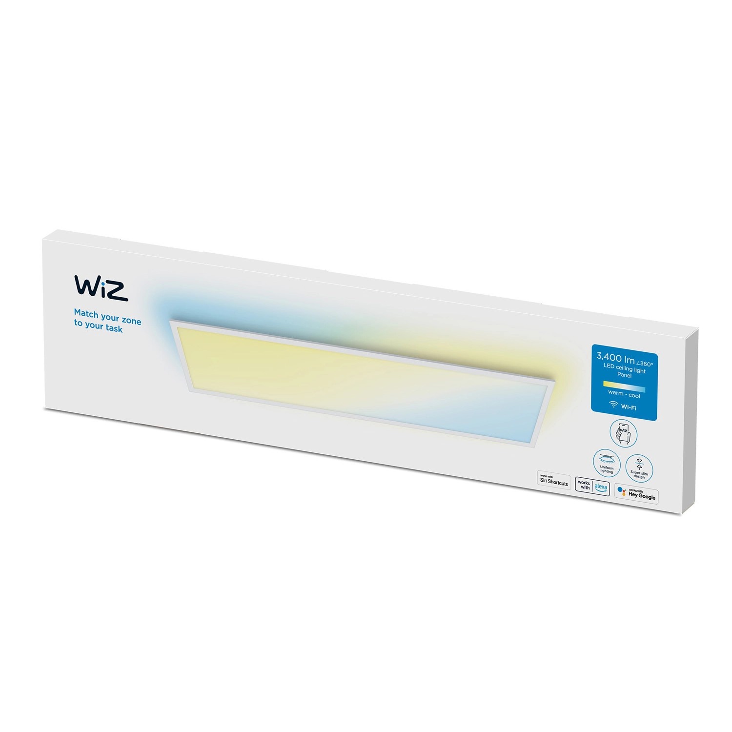 Verpackung des rechteckigen WiZ LED-Panels Tunable White, 3400 lm, weiße smarte Deckenleuchte.