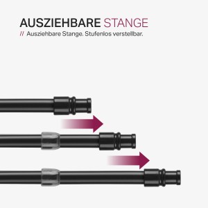 Bestlivings Cafehausstange, schwarz, ausziehbar von 50 bis 75 cm. Teleskop-Funktion dargestellt.