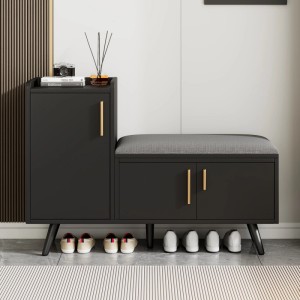 Schwarze Merax Schuhbank mit grauer Polstersitzfläche, Stauraum und goldenen Griffen. Elegantes, modernes Design für den Flur.