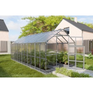 Großes Klasika Gewächshaus 14.38m² mit Polycarbonatplatten im Garten.