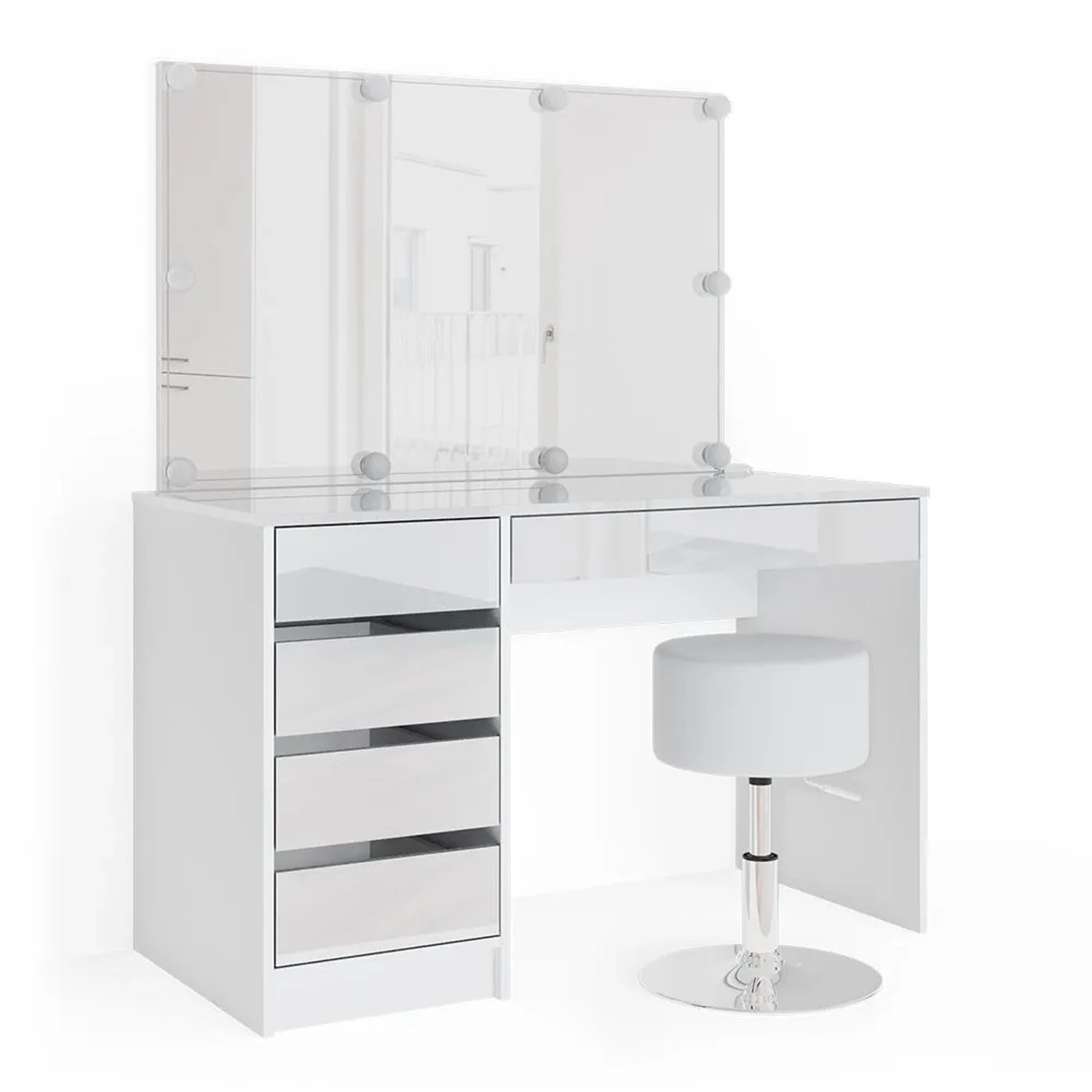 Vicco Schminktisch Sherry Weiß 120 x 145 mit Spiegel, LED-Lichterkette und Hocker