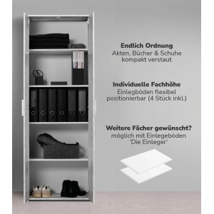 Mokebo Schrank in Grau, Mehrzweckschrank mit Fächern, Ordnern und Kleidung. Büroschrank für Büro oder Homeoffice.