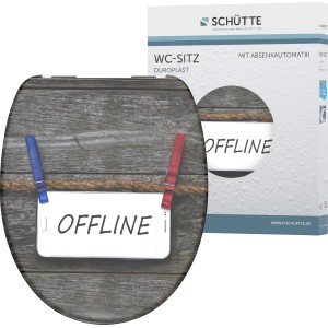 Schütte WC-Sitz Offline Duroplast mit Absenkautomatik, Motiv 'Offline' auf Holzoptik.