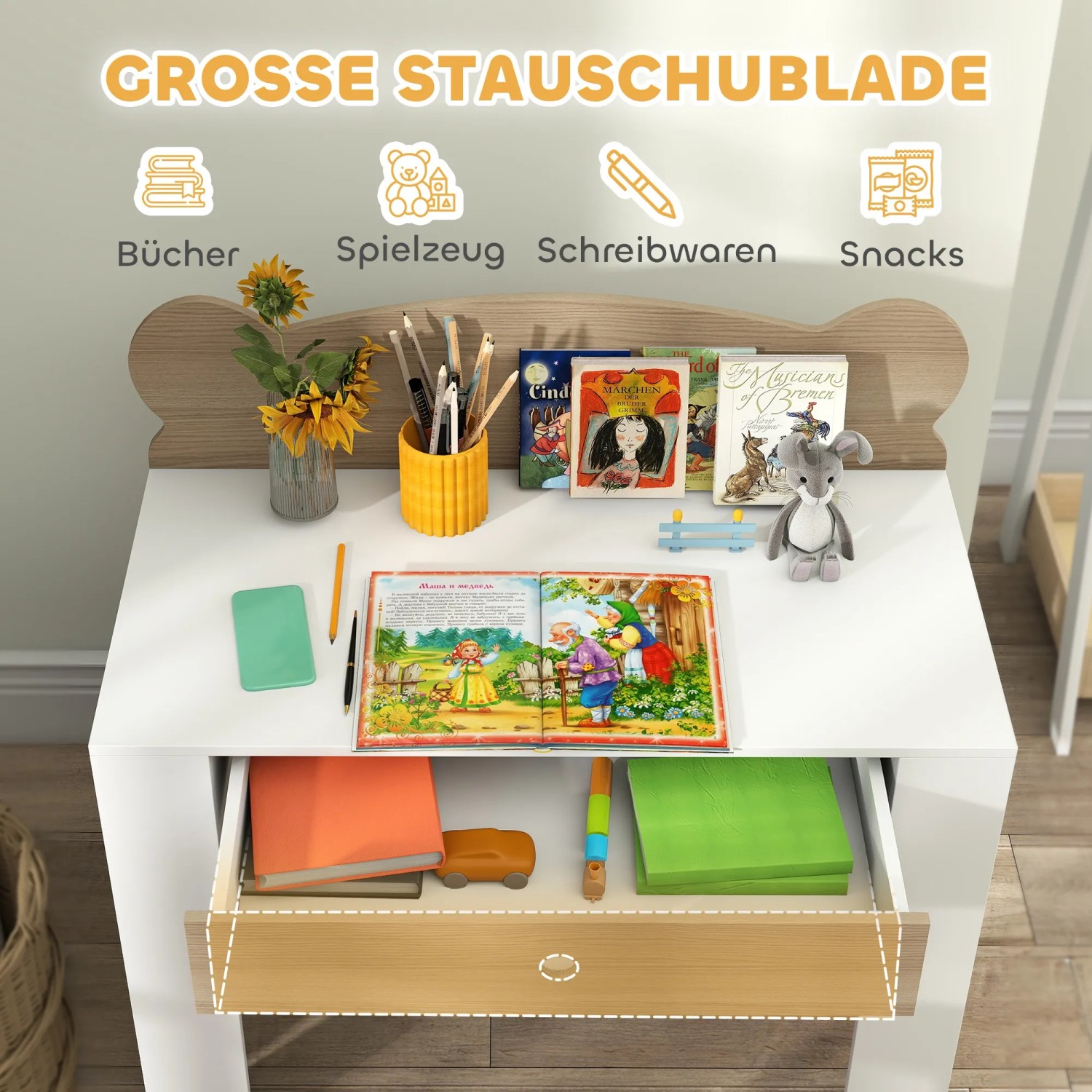 AIYAPLAY Kinderschreibtisch Set mit Schublade, Naturholz/Weiß. Schreibtisch mit Büchern, Stiften und Spielzeug.