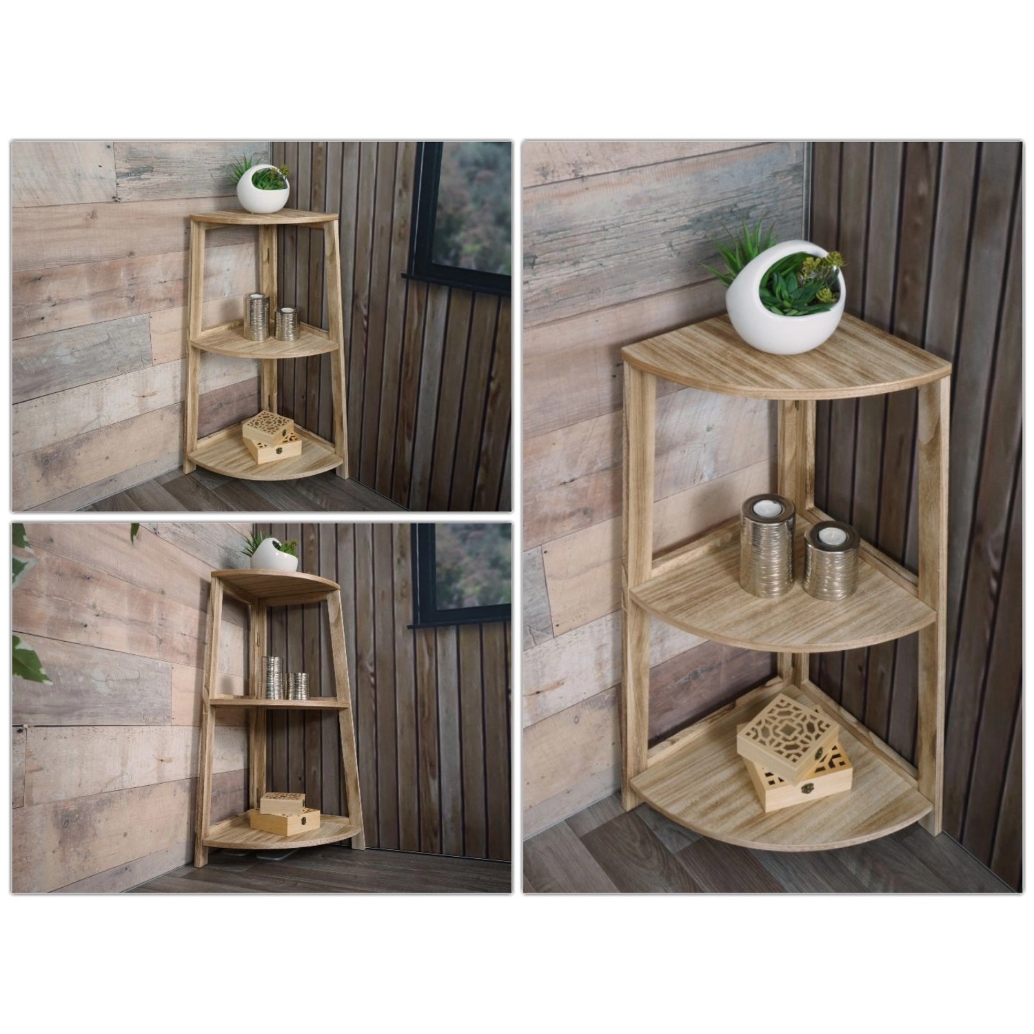 MCW Eckregal K44, naturbraunes Wandregal mit 3 Ablagen aus Holz, ideal für Ecken.