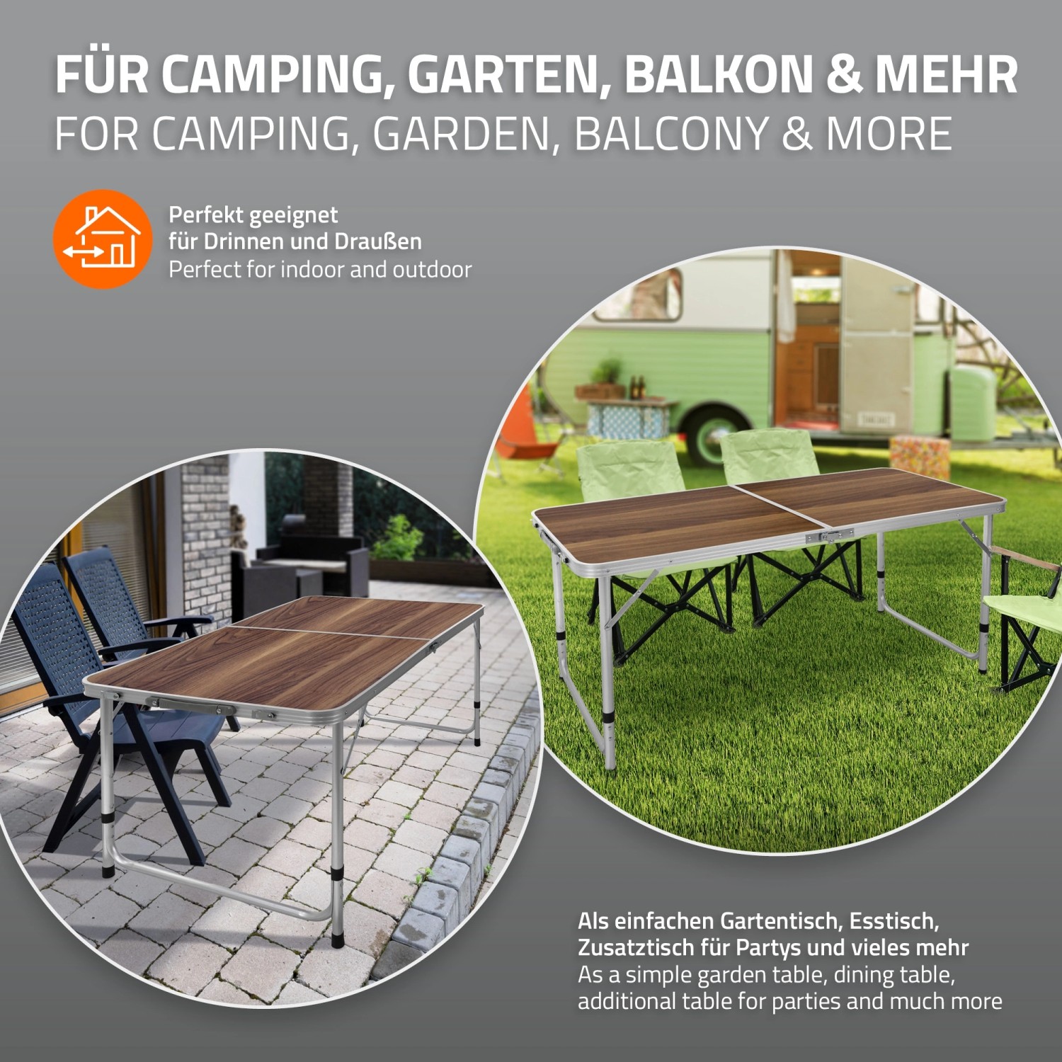 ECD Germany Campingtisch mit Tragegriff 120x60x55/63/70 cm Braun