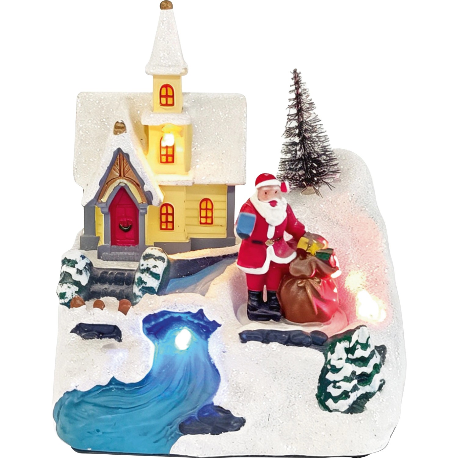 OBI Weihnachtsdorf Kirche beleuchtet, mit Weihnachtsmann, Geschenken, Baum und Fluss im Schnee. Mehrfarbige Weihnachtsdekoration.