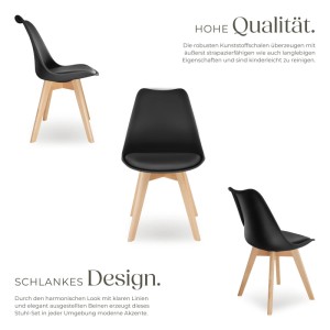 Tectake Esszimmerstuhl Frederikke, schwarz, Scandi Design, ergonomisch, gepolsterte Sitzfläche, helle Holzbeine, 6er Set.