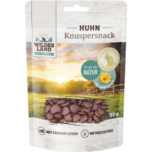 Wildes Land Katzen-Snack Knuspersnack Huhn mit Ringelblume, 50g Packung.