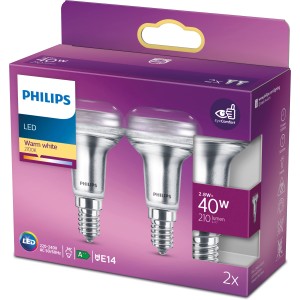 Philips LED E14 Reflektor R50, 2er-Set. Warmweißes Licht, 2,8W. Für Wohn- und Essbereich.