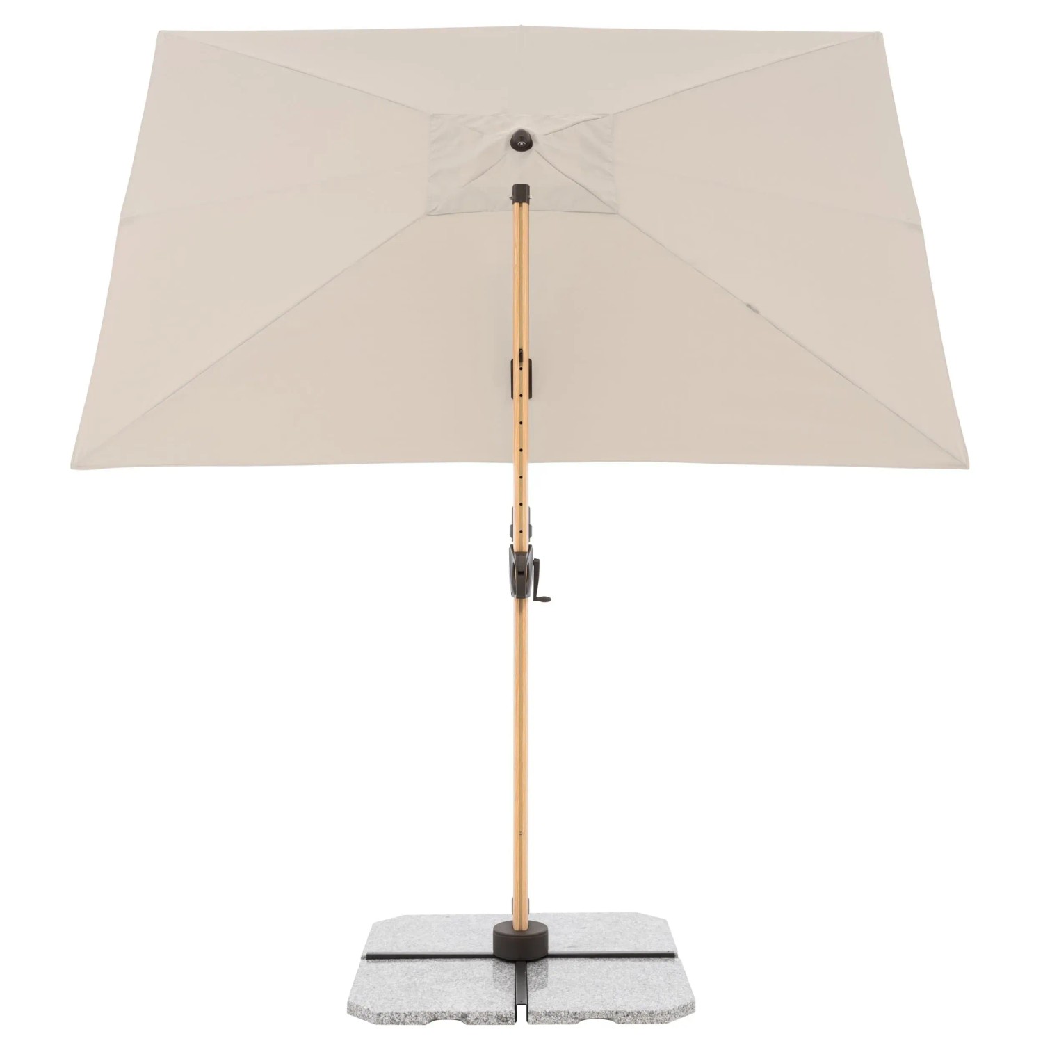 Rechteckiger, naturfarbener Doppler Ampelschirm Alu Wood 300x220 cm mit Kurbel und grauem Schirmständer.