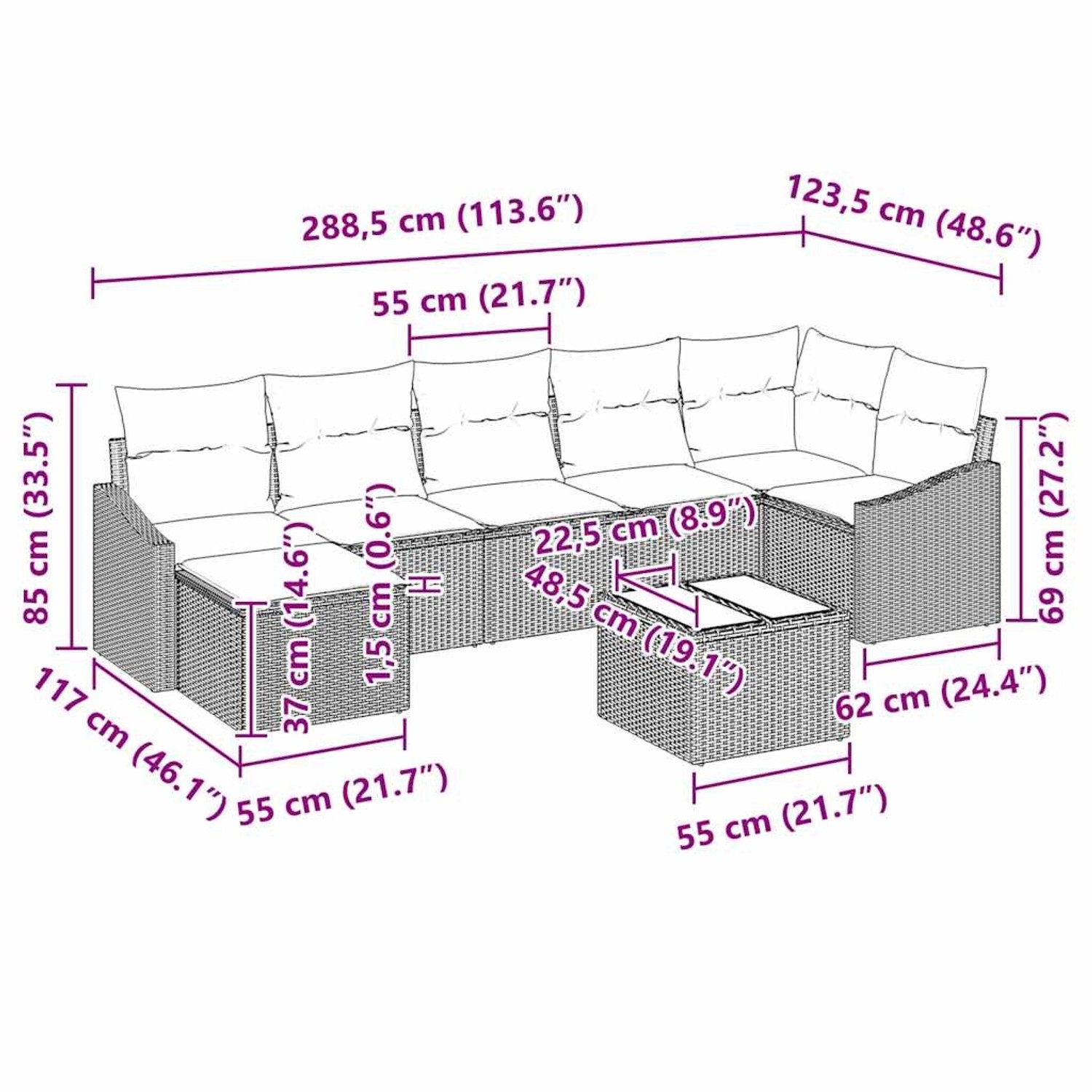 Graues 8-tlg. vidaXL Garten-Sofa-Set aus Poly Rattan mit Tisch und Maßen.