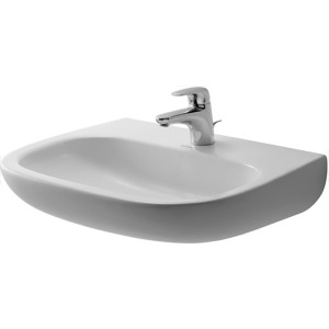Weißes Duravit D-Code Med Waschbecken, 60 cm breit, aus Sanitärkeramik mit Armatur.