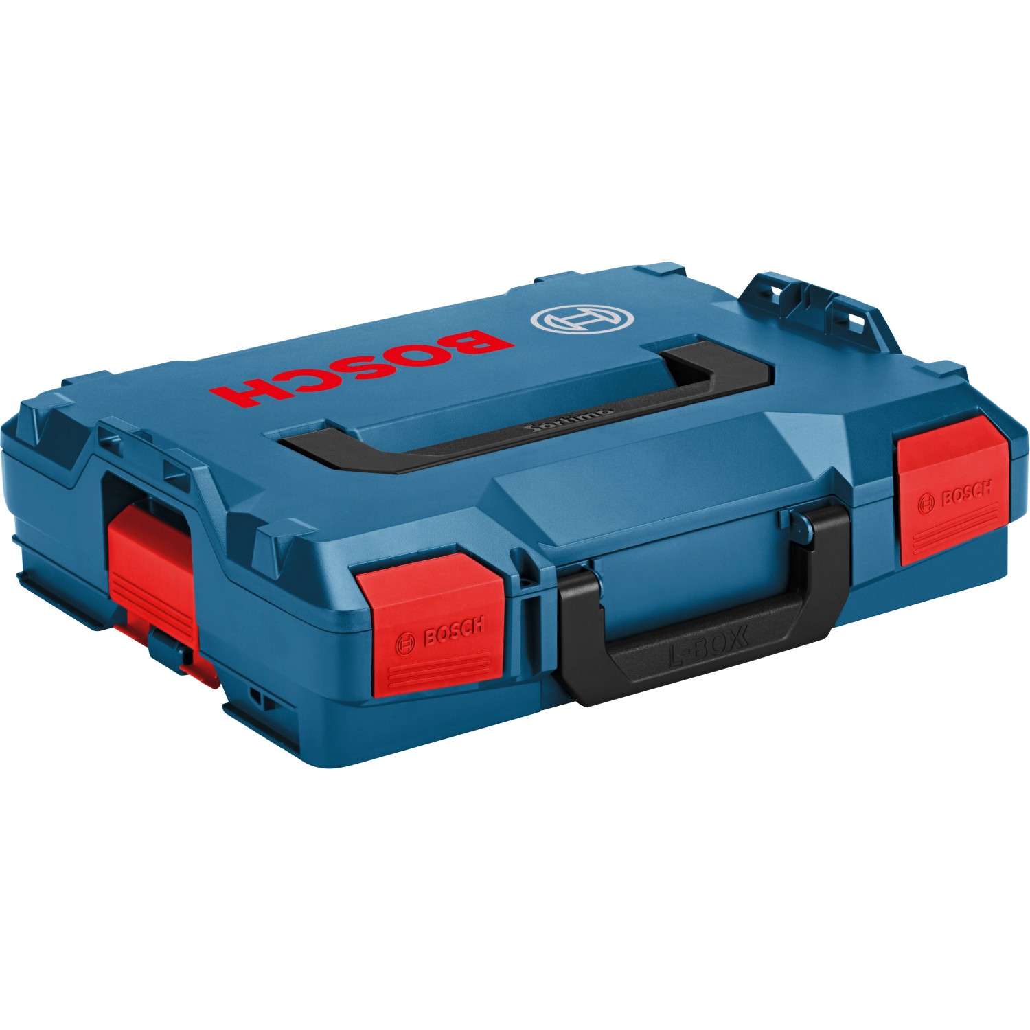 Bosch Professional L-Boxx 102 Werkzeugkiste aus blauem Kunststoff mit roten Verschlüssen und schwarzem Tragegriff.