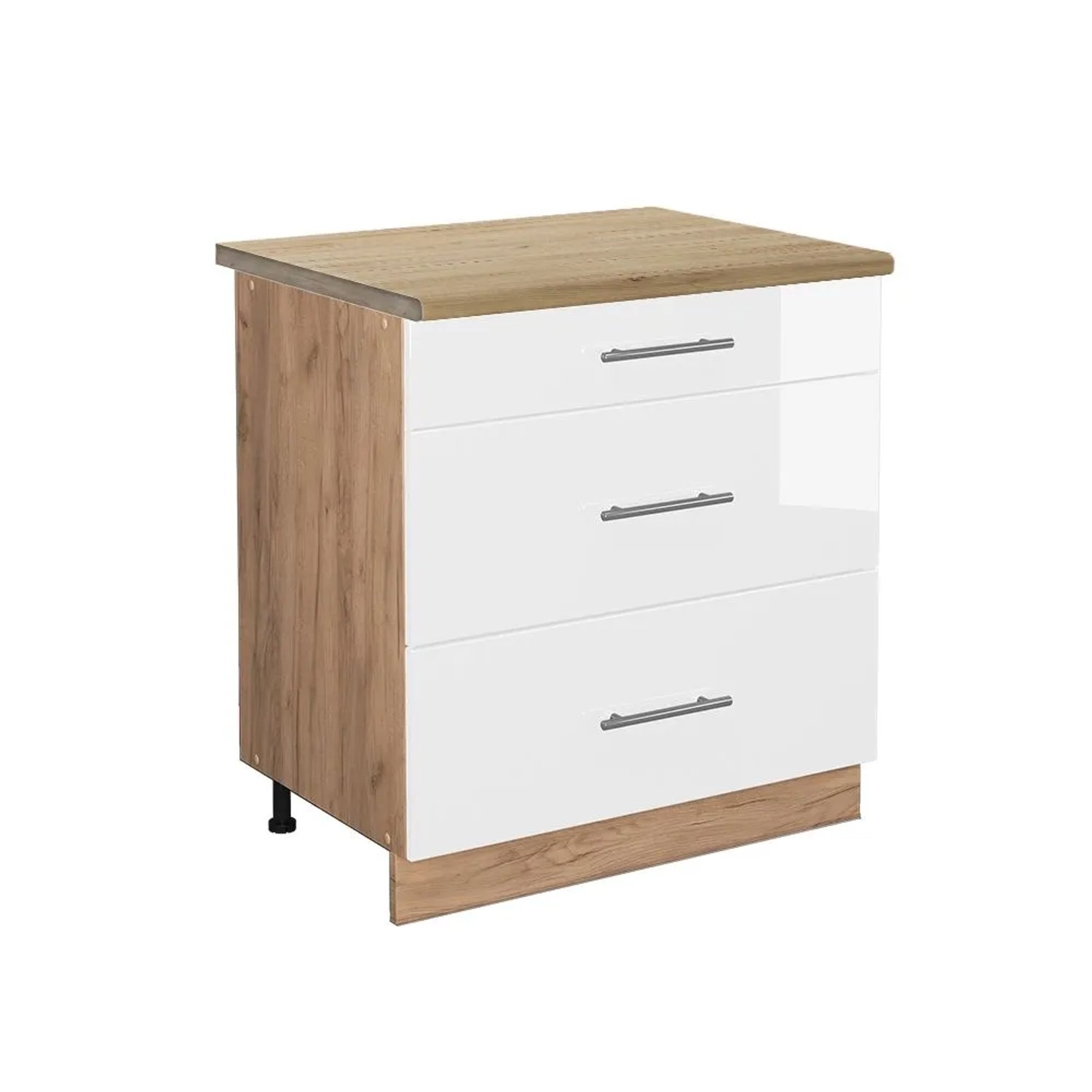Vicco Küchenunterschrank Fame-Line Weiß Hochglanz Goldkraft Eiche 80 cm mit 3 Schubladen AP Eiche