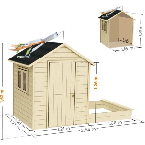 Soulet Kinderspielhaus Elisabeth mit Sandkasten und Maßangaben. Holzhaus für Kinder.