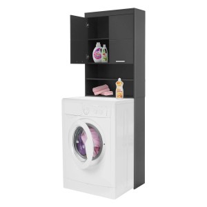 ML-Design Waschmaschinenschrank, dunkelgrau, mit 2 Türen und Fächern über einer Waschmaschine.