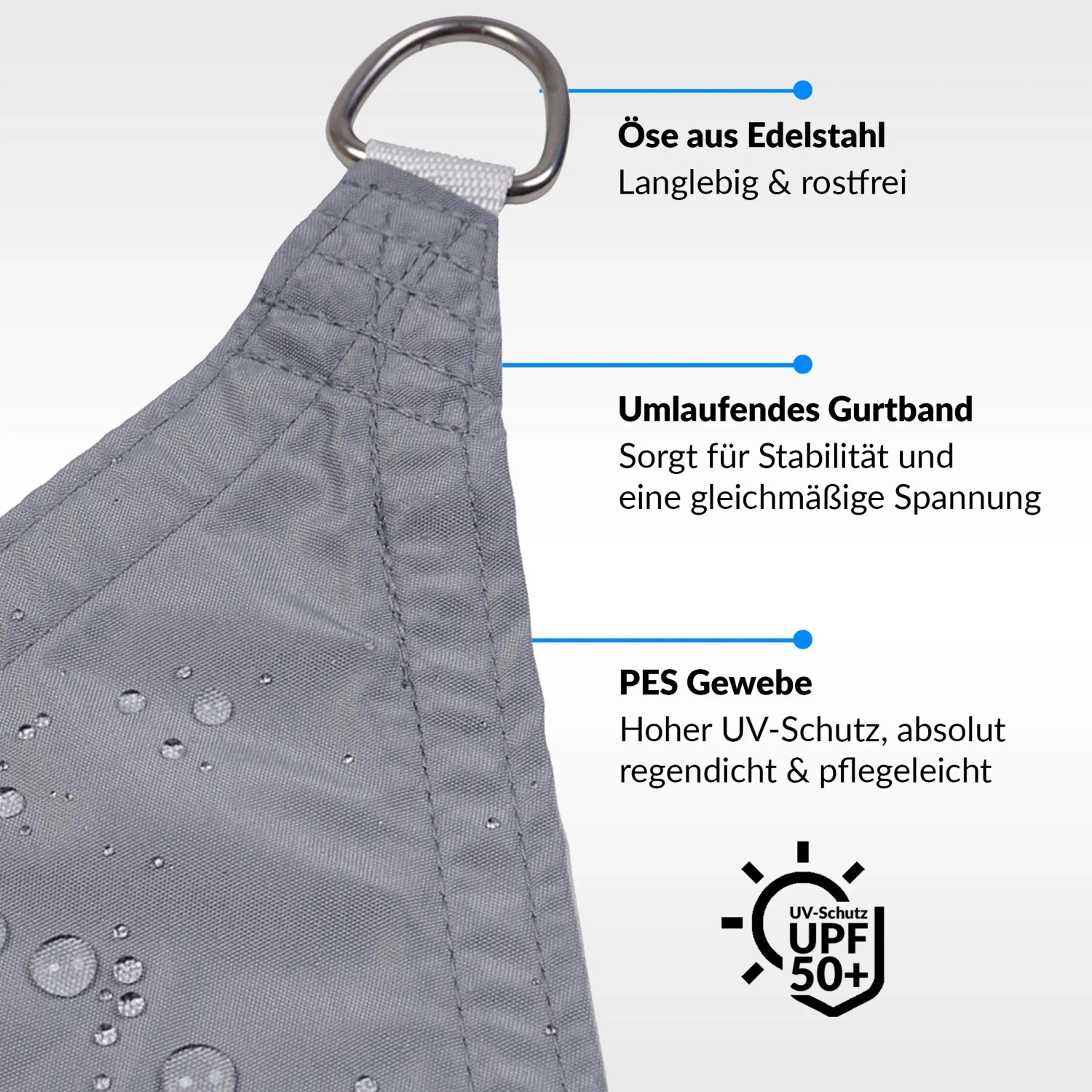 Detailaufnahme eines hellgrauen, dreieckigen Toldoro Sonnensegels mit Edelstahl-Öse und wasserabweisendem PES-Gewebe.