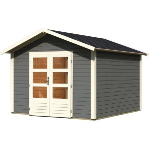 Karibu Holz-Gartenhaus Tessin 2, terragrau, 300x300 cm, mit Doppeltür, Boden und Dachschindeln.